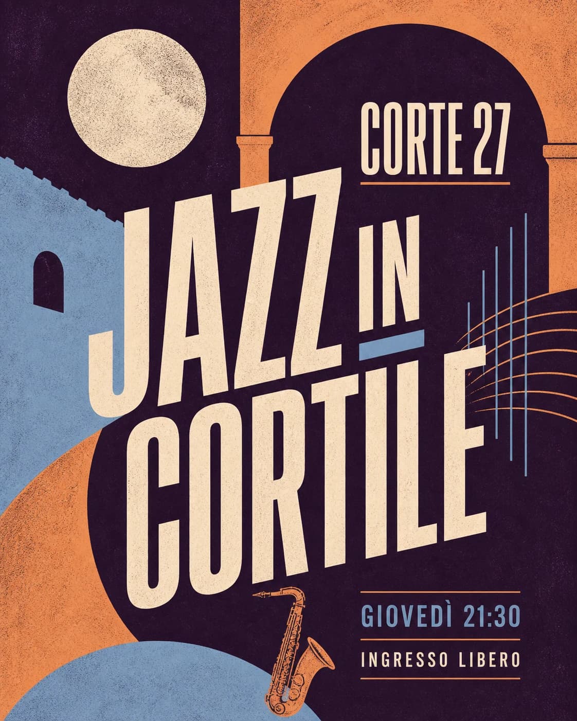 Poster tipografico per una serata jazz nel cortile di Corte 27